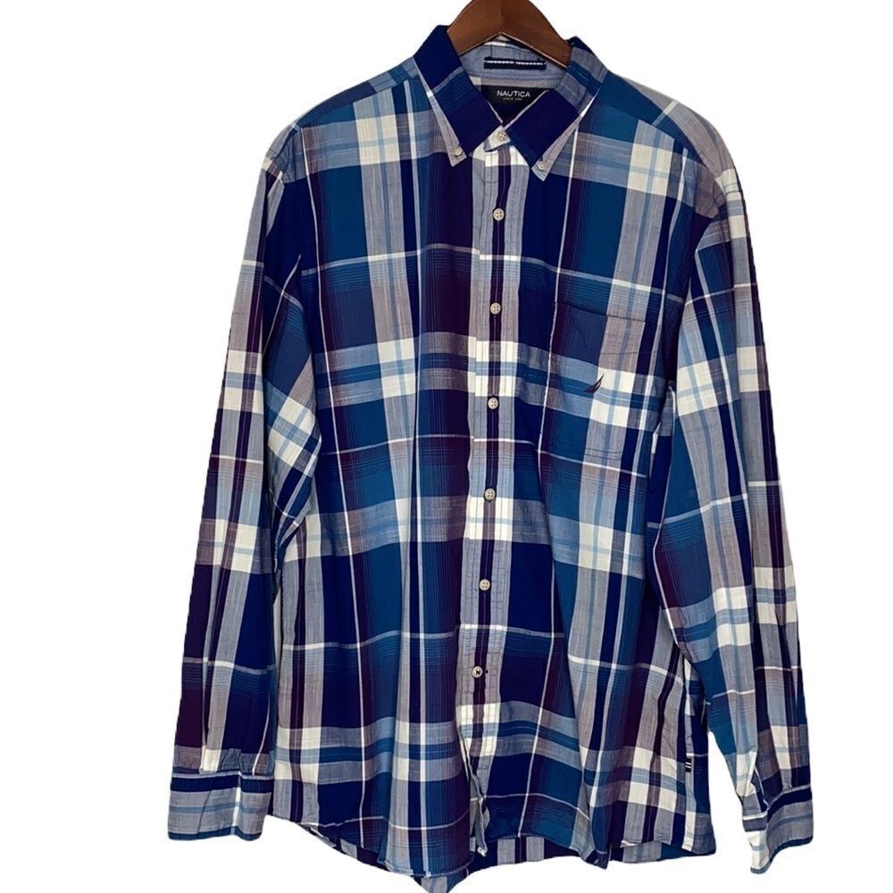 💙Nautica Plaid Cotton Button Down Casual Lightweight Shirt Blue/Purple Large‎